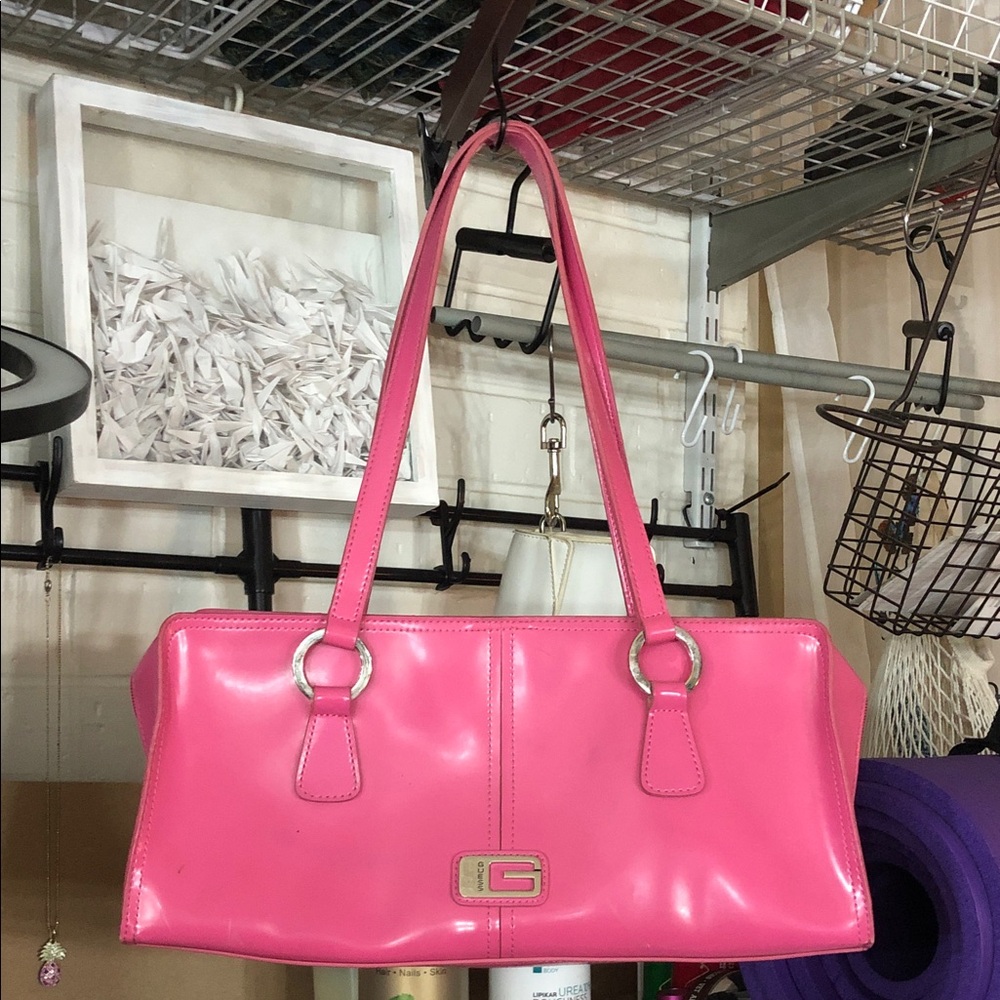 Guess Pink Patent Shoulder Bag with Silver Hardware
